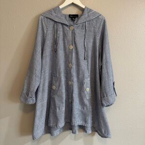 JNY Coastal Grandma Striped Linen Cotton Lagenlook Nautical Hooded Jacket 2X